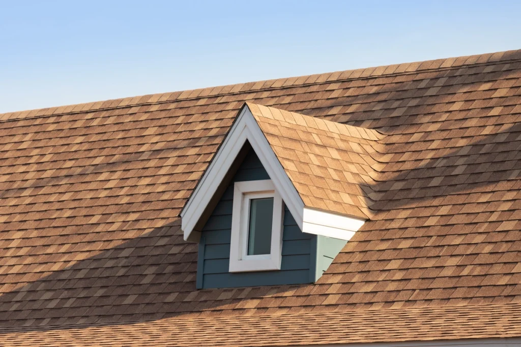close up of brown roof shingles in asphalt material