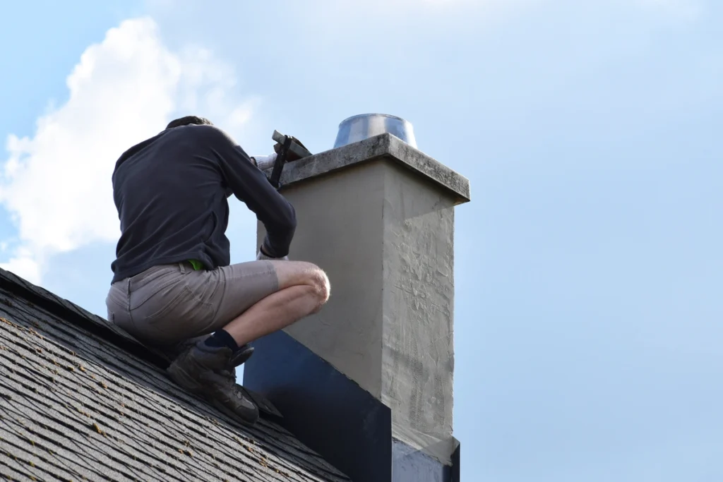 contractor replaces roof and seals new flashing on chimney