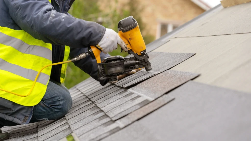 contractor shows how to shingle a roof with nail gun