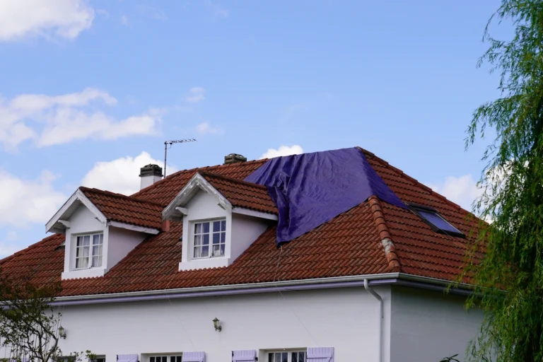 clay tile roof with tarp covering hail damage before repairs