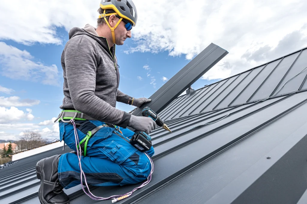 professional roofer wearing safety belt and installing roof with nail gun