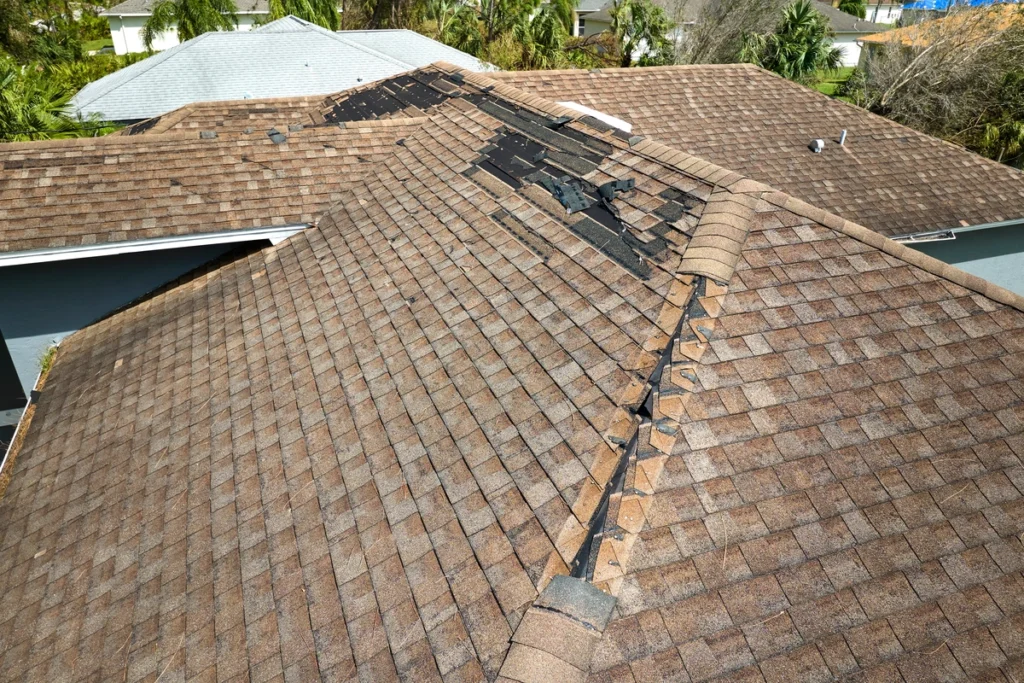 side view of Florida rooftop ridge damage after storm