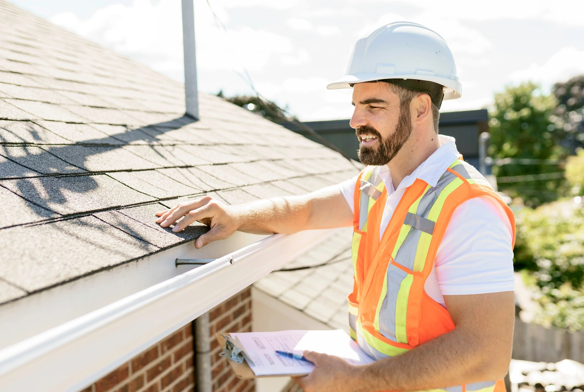 A roofer with a clipboard inspects an asphalt shingle roof