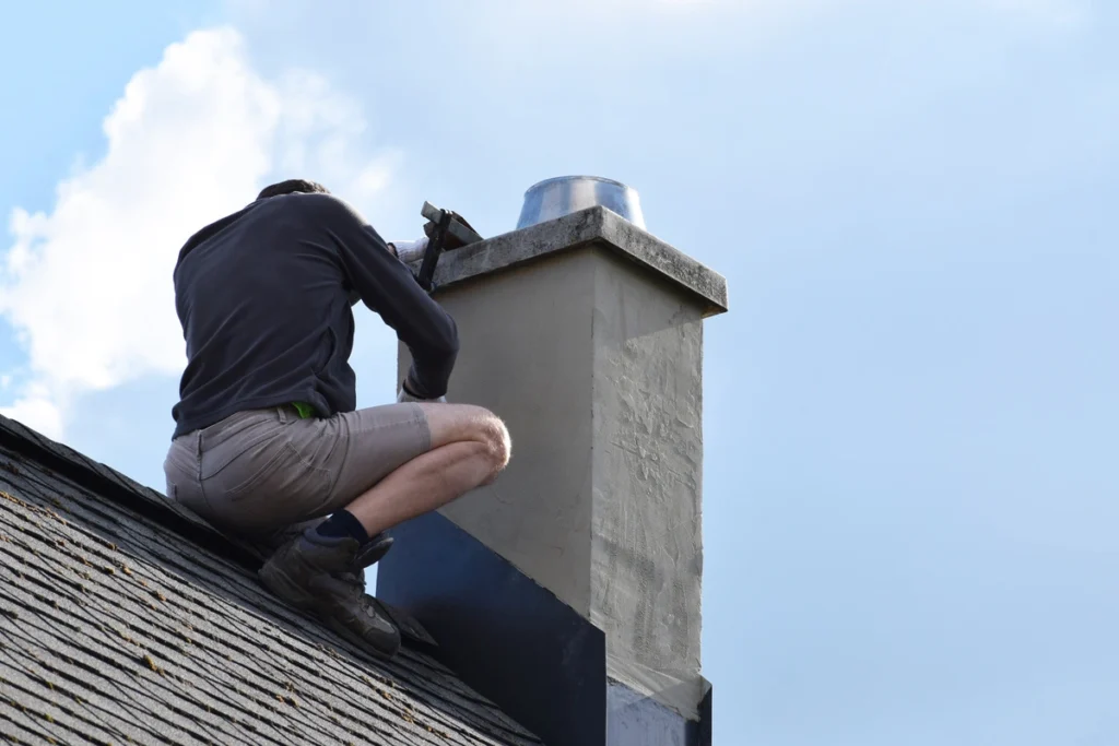 roofer working on chimney flashing in need of repair