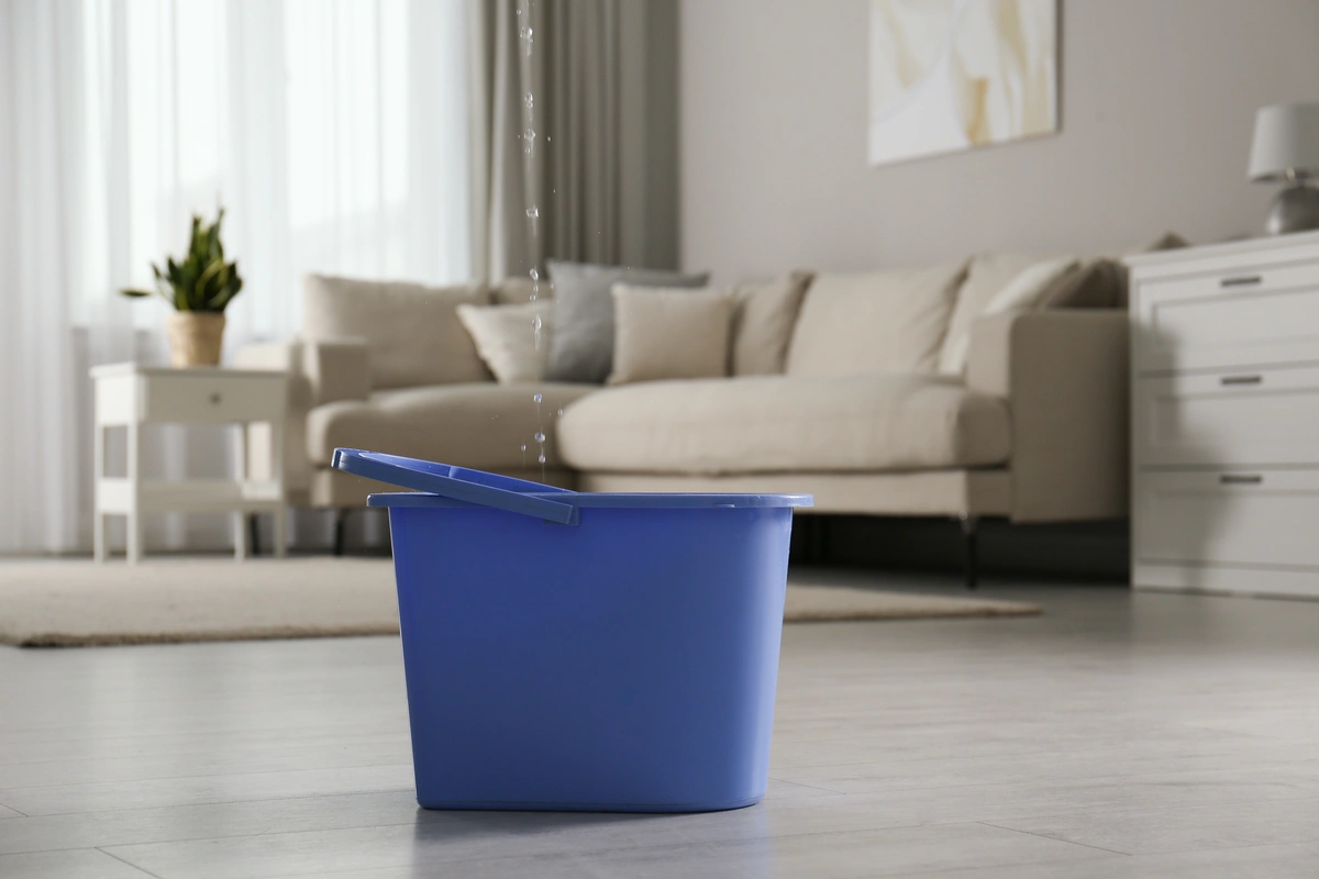 blue bucket catching water from a leaking roof